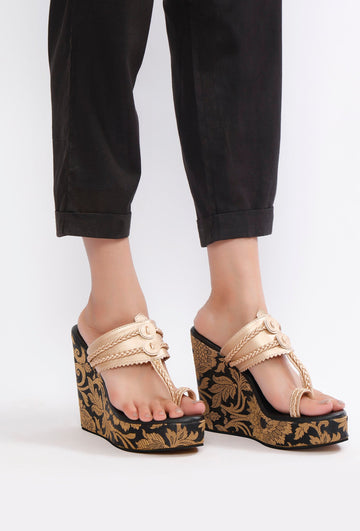 Sangeet Brocade & Gold Kolhapuri Wedges – Elegant Ethnic Footwear